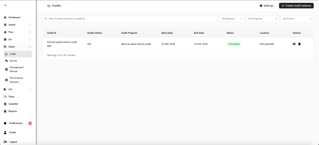 4ES Hub Audits screen listing audit instances with columns for audit ID, criteria, program, dates, status, and location, plus search and filters.